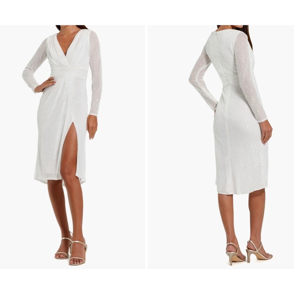 Ieena for Mac Duggal Long Sleeve Sequined Midi Dress 26555 White Sz 12 MSRP $258